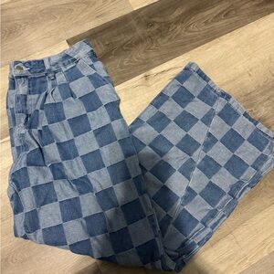 Blue Checkered Straight Leg Jeans